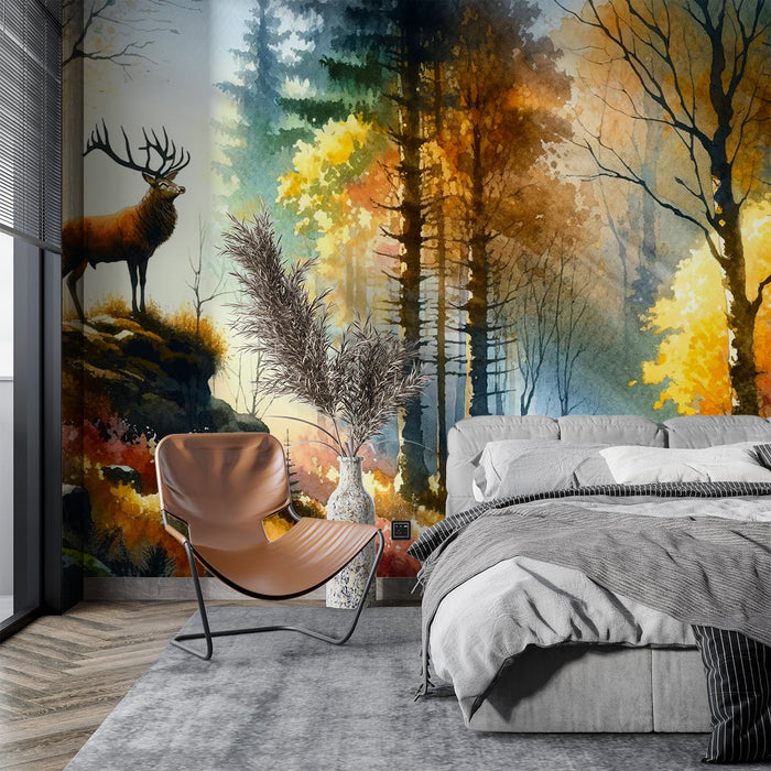 Deer Mural Wallpaper | Colorful Autumn Watercolor