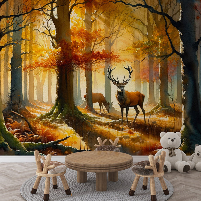 Deer Mural Wallpaper | Watercolor Forest and Deer in Autumn