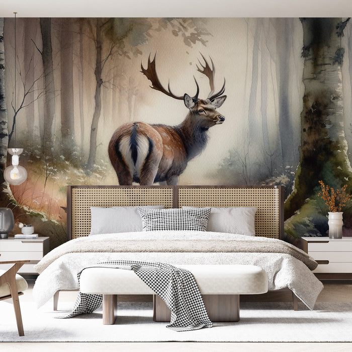 Deer Mural Wallpaper | Realistic Watercolor in the Forest