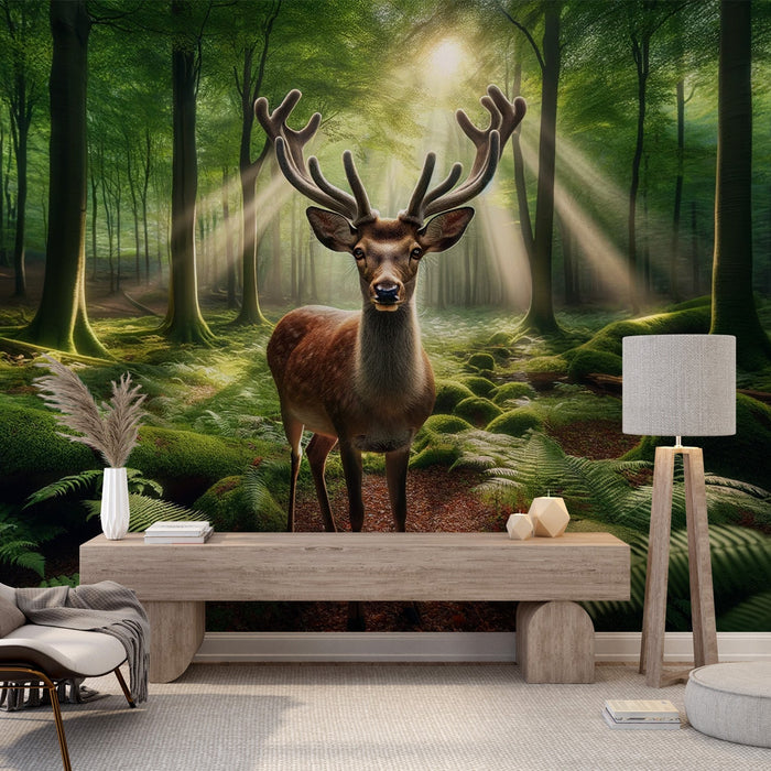 Deer Mural Wallpaper | Realistic Front-Facing Deer in a Green Forest