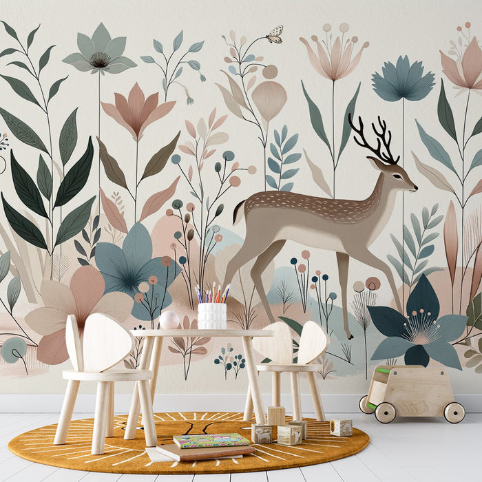 Papel de parede de cervo | Decoração floral e colorida