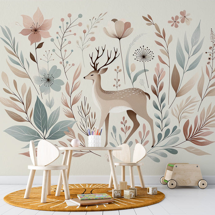 Deer Mural Wallpaper | Blue and Red Foliage