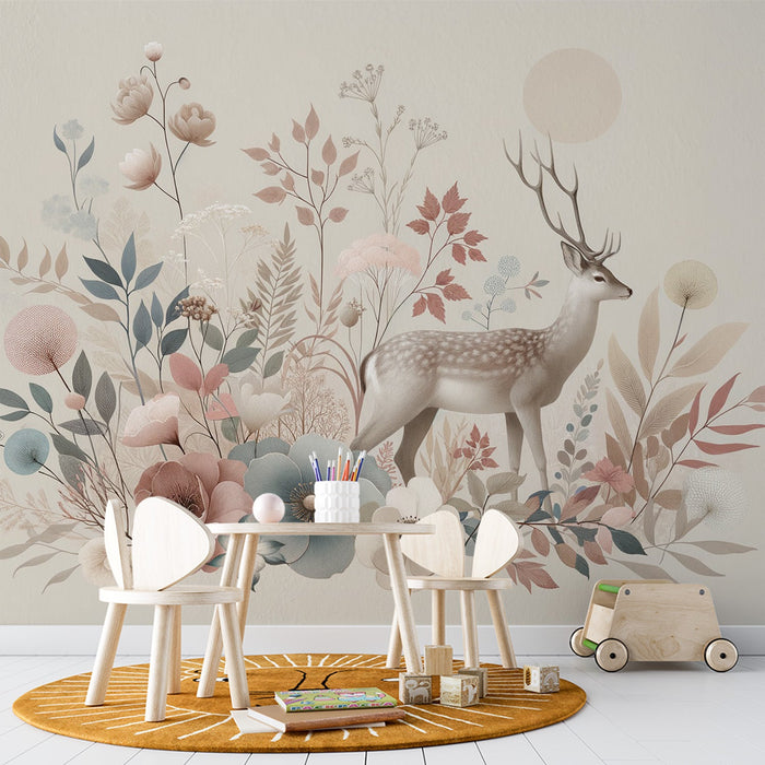Deer Mural Wallpaper | Beige Background and Blue, White, Red Floral Decoration