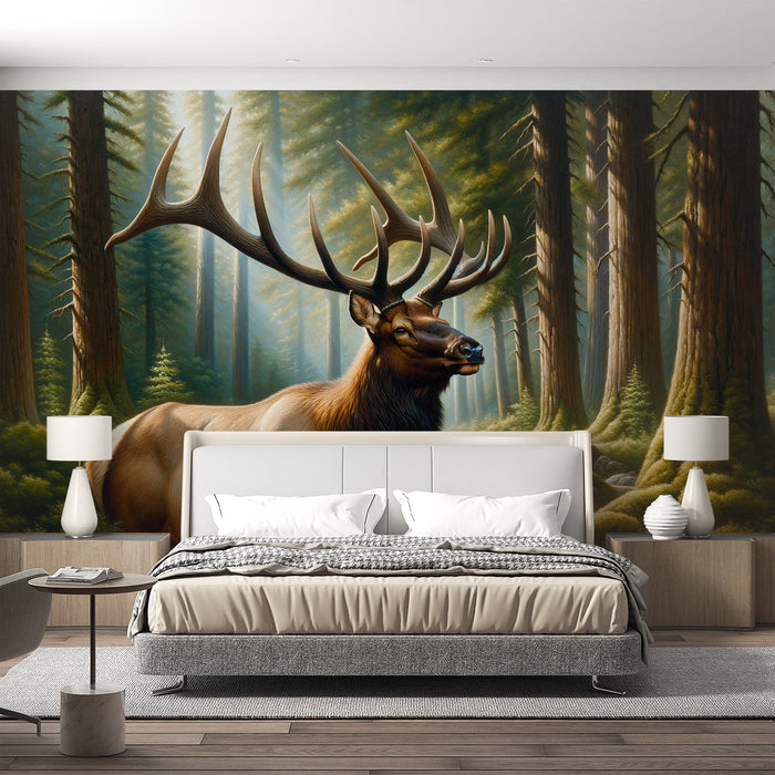 Deer Mural Wallpaper | Forest Illustration with Majestic Deer