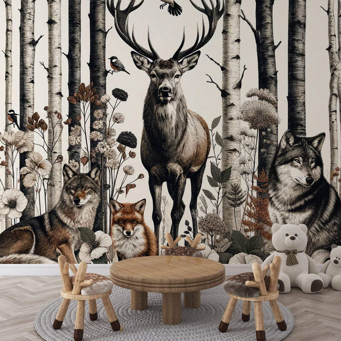 Deer Mural Wallpaper | Vintage Forest Animal Illustration