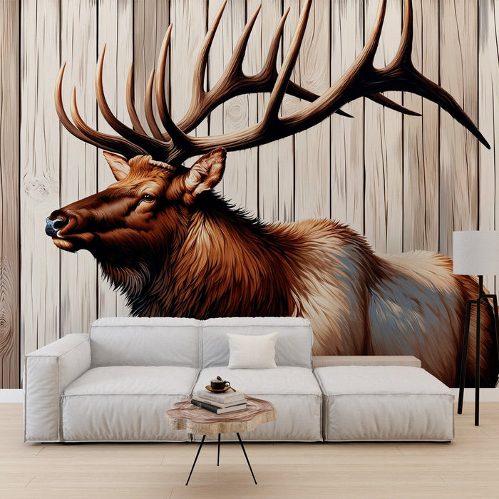 Deer Mural Wallpaper | Wood Imitation and Magnificent Deer