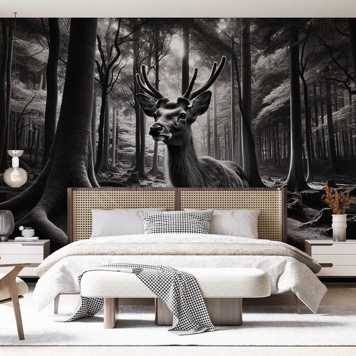 Black and White Deer Mural Wallpaper | Realistic Up Close