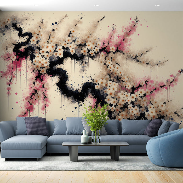 Japanilainen Cherry Blossom Mural Wallpaper | Branch of Cherry Blossom with Pink and White Flowers