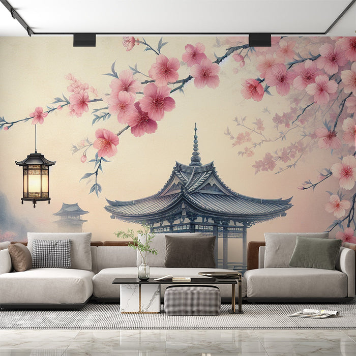 Japanese Cherry Blossom Mural Wallpaper | Japanese Cabin, Lantern, and Wooden Pier