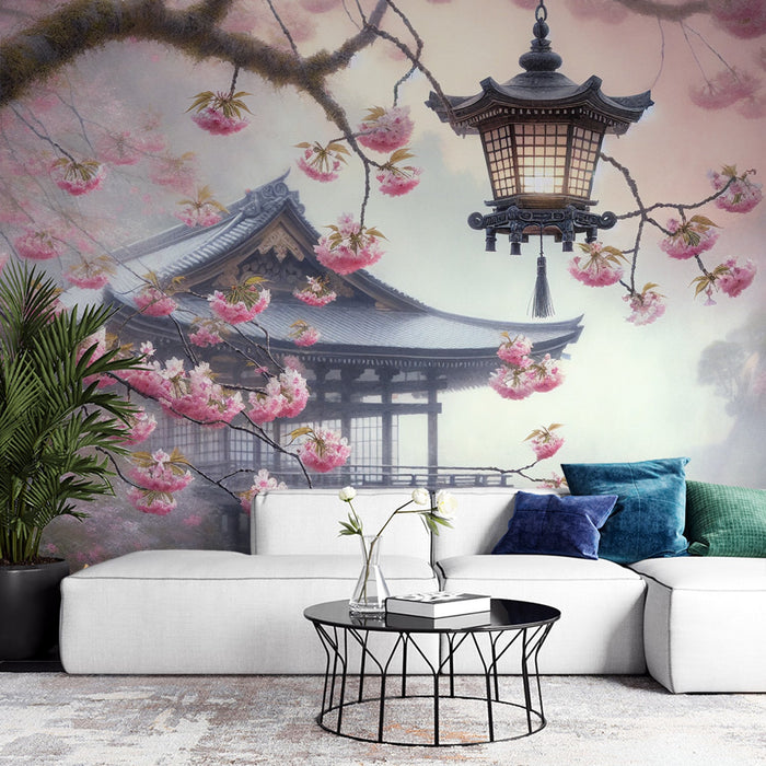 Japanese Cherry Blossom Mural Wallpaper | Traditional Japanese Cabin with Lantern