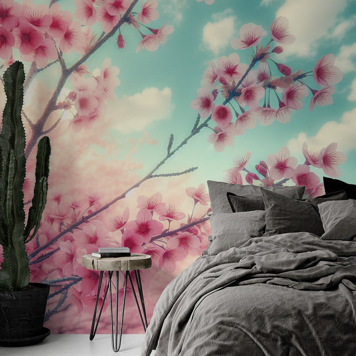 Papel pintado de mural de cerezo japonés | Campo de flores de cerezo rosa y cielo azul