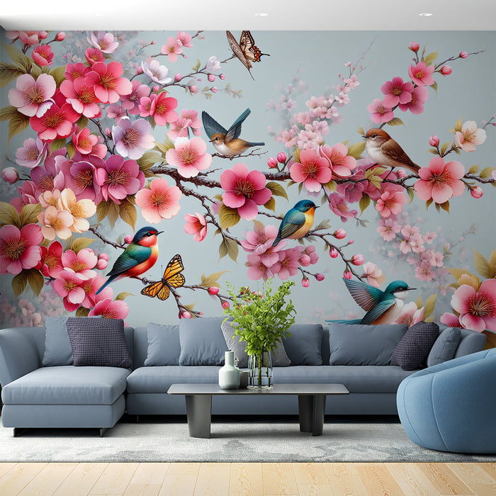 Kirsikkapuun kukkien muuri tapetti | Moniväriset kirsikkapuun kukat ja linnut