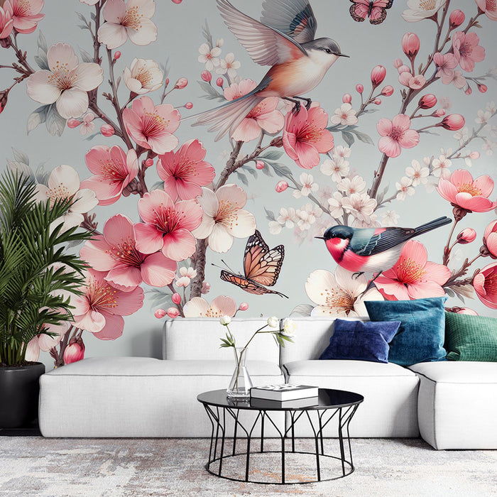 Kirschblüten-Mural-Tapete | Rosa und weiße Kirschblüten mit Vögeln
