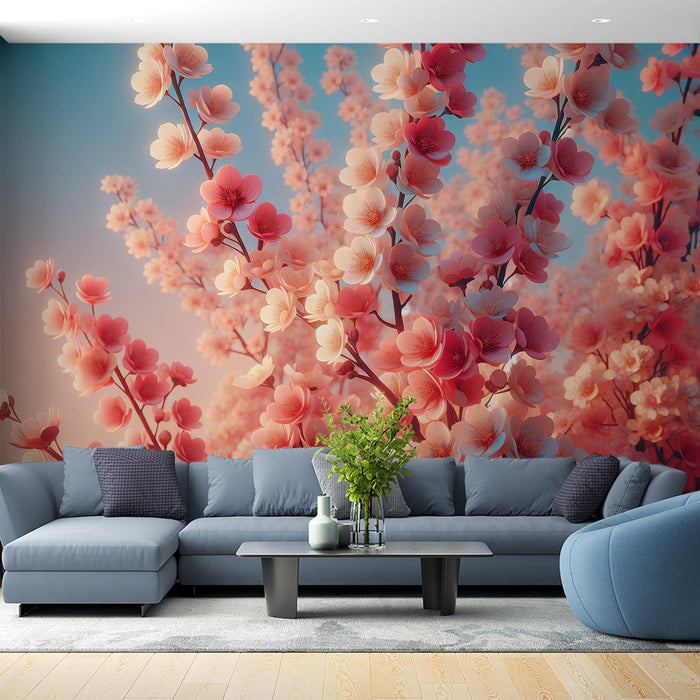 Papel de parede com mural de flor de cerejeira japonesa | Flores realistas de flor de cerejeira rosa e branca