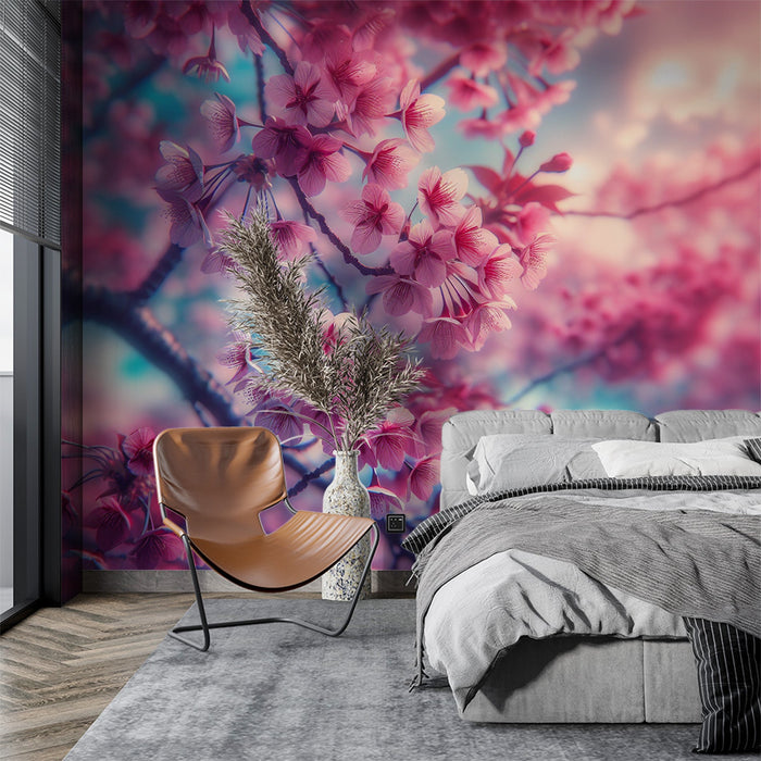 Papel de parede com mural de cerejeira japonesa | Flores realistas de cerejeira rosa
