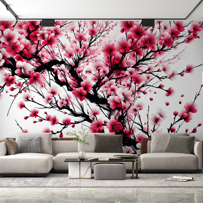 Kirsikkapuun Muraalitapetti | Punaiset kirsikkapuun kukat vaalealla taustalla
