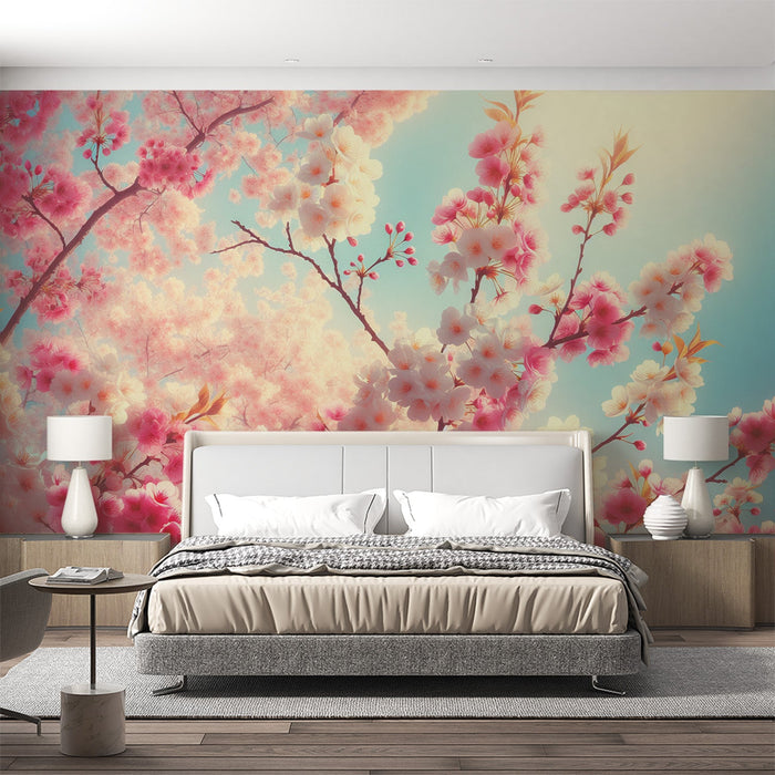 Kirsikkapuun kukka seinätapetti | Realistiset vaaleanpunaiset ja valkoiset kukat sinisellä taivaalla