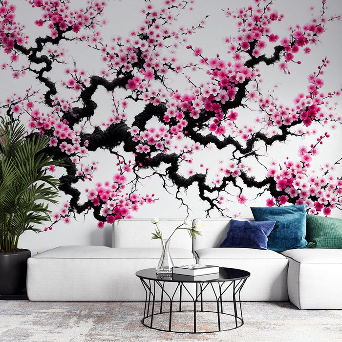 Kirschblüten-Mural-Tapete | Rosa Blüten und dunkler Stamm