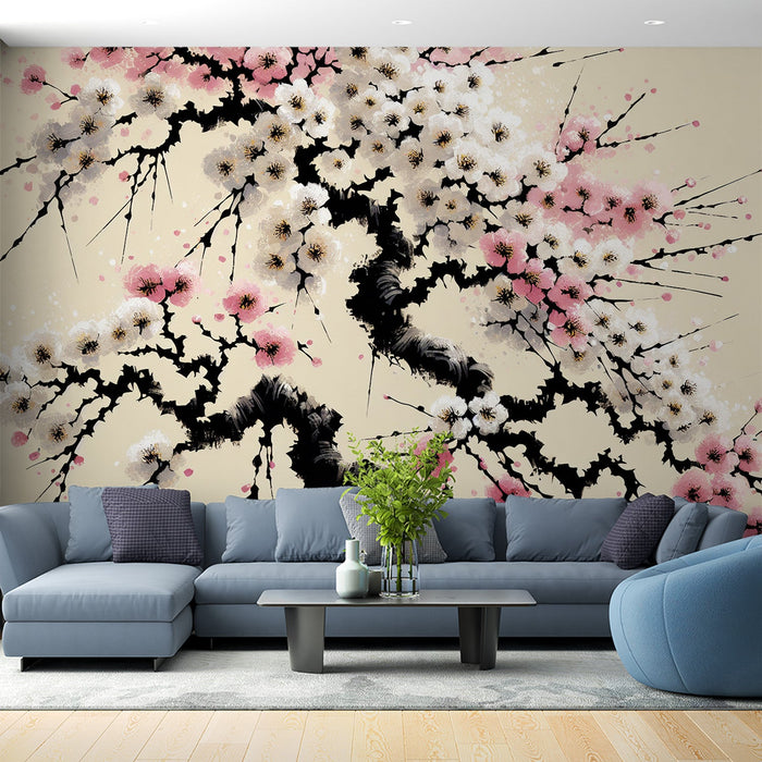Papel pintado de mural de flor de cerezo japonesa | Fondo beige con flores de cerezo rosas y blancas