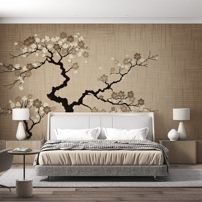 Japanese Cherry Blossom Mural Wallpaper | Aged Beige Background with Brown Cherry Blossom Flowers