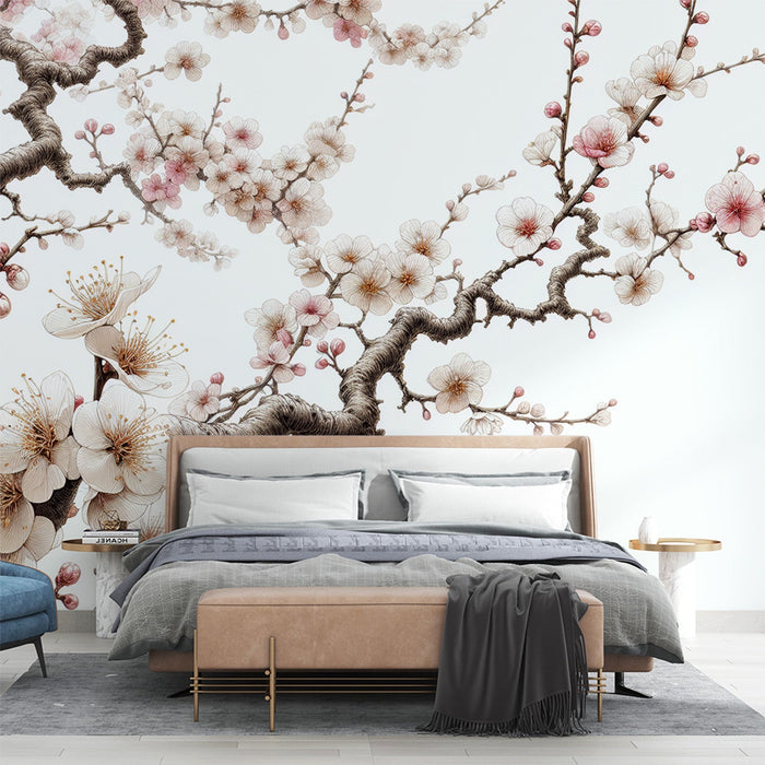 Japanese Cherry Blossom Mural Wallpaper | White Background with Open White Cherry Blossoms