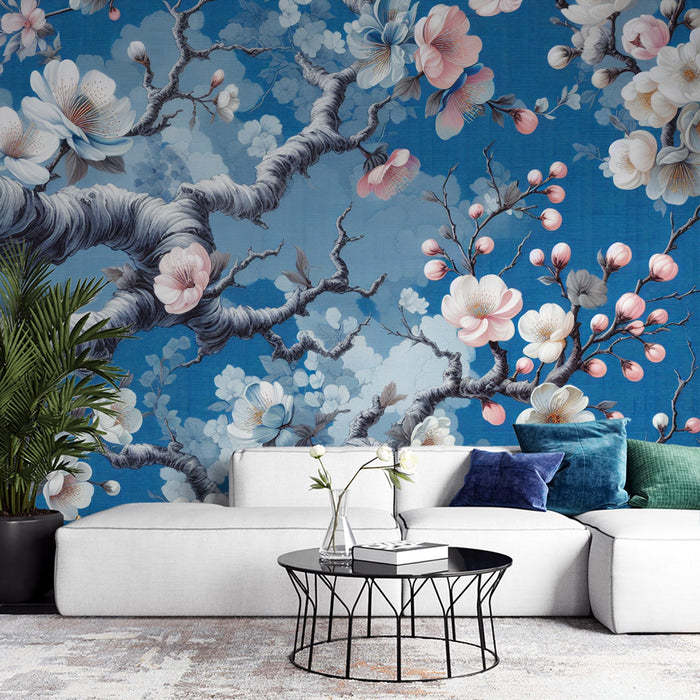 Papel de parede com mural de flor de cerejeira japonesa | Fundo azul elétrico e flores de cerejeira brancas