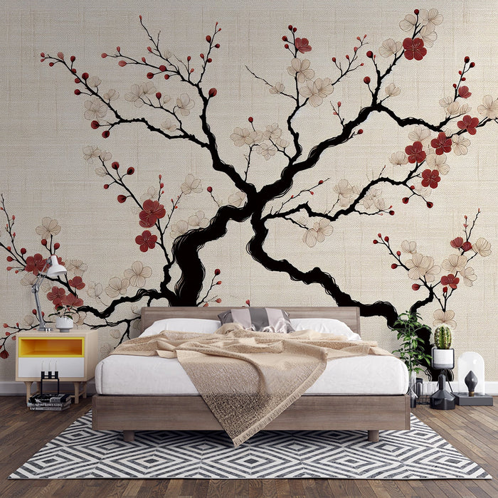Japanese Cherry Blossom Mural Wallpaper | Vintage-style Woven Background with Red Flowers