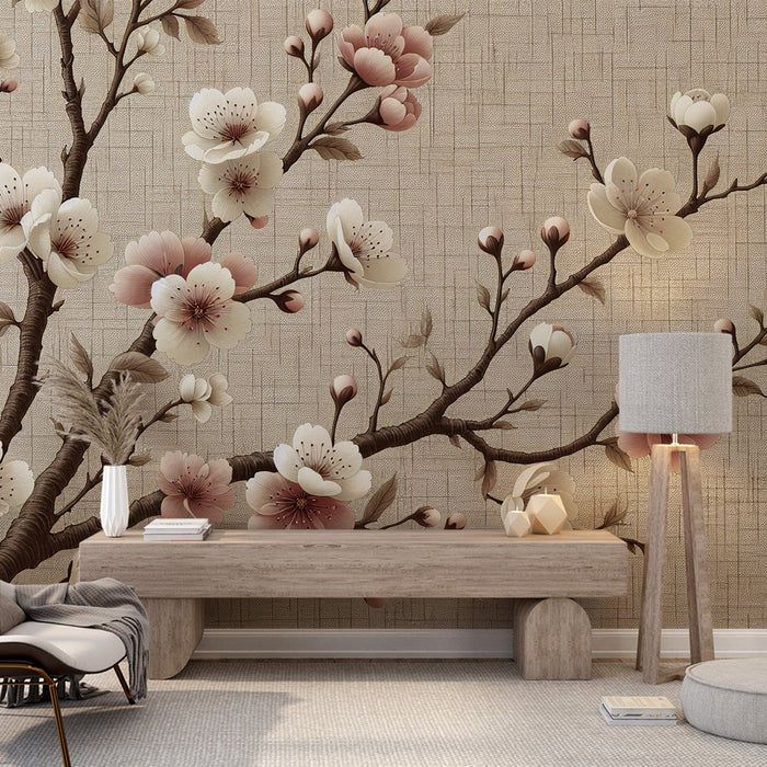 Japanese Cherry Blossom Mural Wallpaper | Vintage Woven Background with Pink and White Flowers