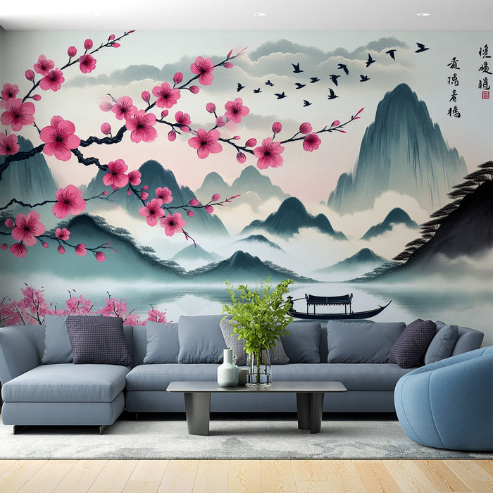 Papel de parede do Mural das Cerejeiras Japonesas | Lago Zen e Cerejeiras Rosas entre as Montanhas