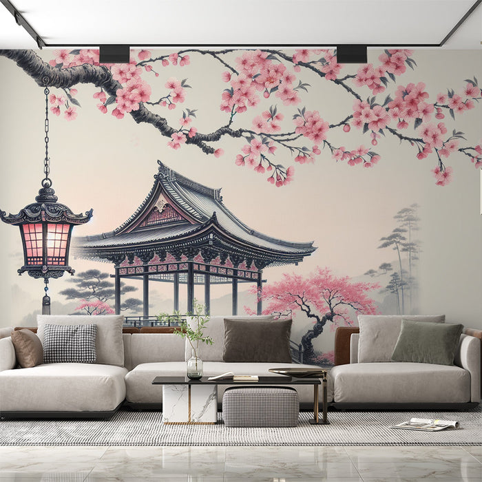 Japanese Cherry Blossom Mural Wallpaper | Lantern and Traditional Japanese Hut