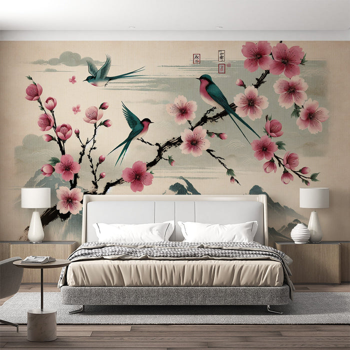 Japanese Cherry Blossom Mural Wallpaper | Birds, Mountains, and Pink Cherry Blossoms