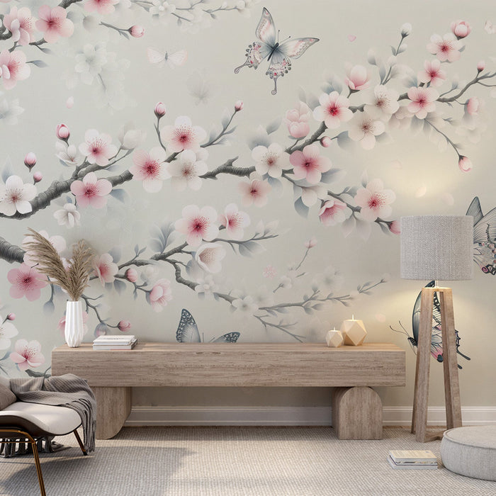 Papel pintado de mural de flor de cerezo japonés | Flores de flor de cerezo gris y rosa y mariposas