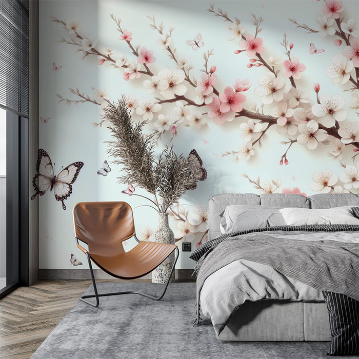Japanese Cherry Blossom Mural Wallpaper | Pink and White Butterflies and Flowers