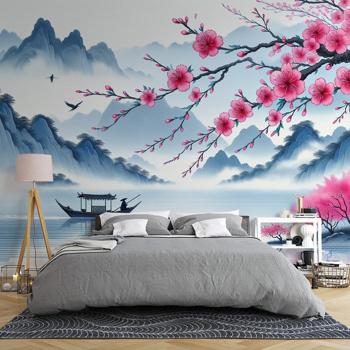 Papel pintado de mural de flor de cerezo japonés | Paisaje zen y montañoso con lago y pescador