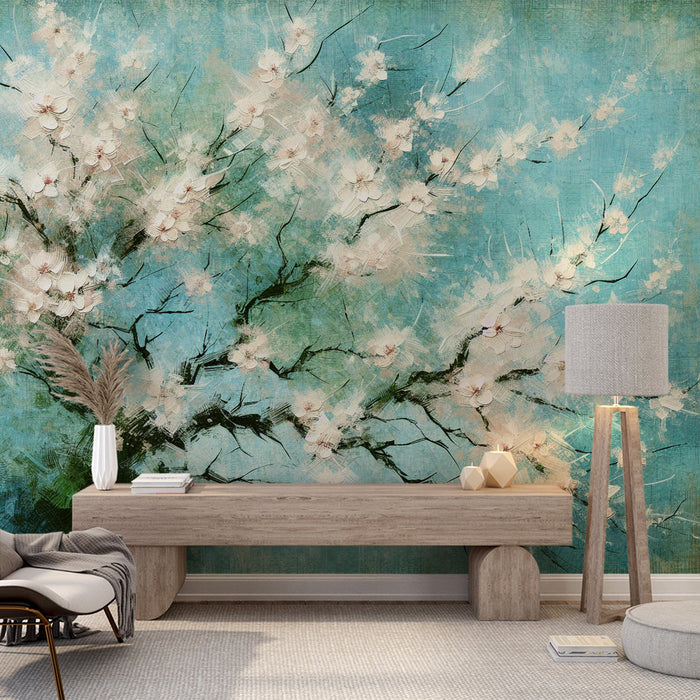 Japanese Cherry Blossom Mural Wallpaper | Oil Painting of a White Cherry Blossom Tree