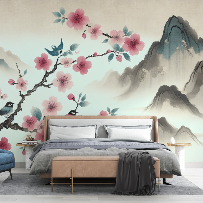 Papel de parede com mural de cerejeira japonesa | Alívio montanhoso, flores cor-de-rosa de cerejeira e pássaros