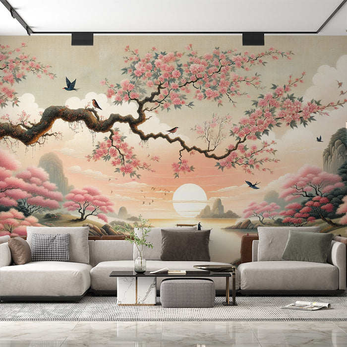 Japanese Cherry Blossom Mural Wallpaper | Mountainous Relief with Calm Lake and Koi Carp