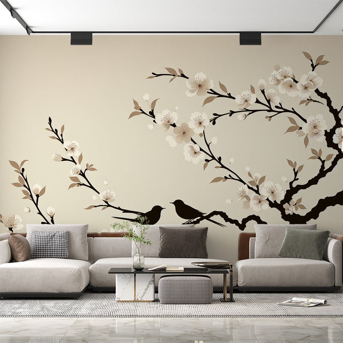 Japanse Cherry Blossom Mural Wallpaper | Zwart Vogelsilhouet en Beige Achtergrond