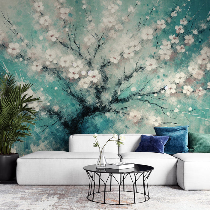 Japanse Cherry Blossom Mural Wallpaper | Blauwe olieverfschilderijstijl met witte bloemen