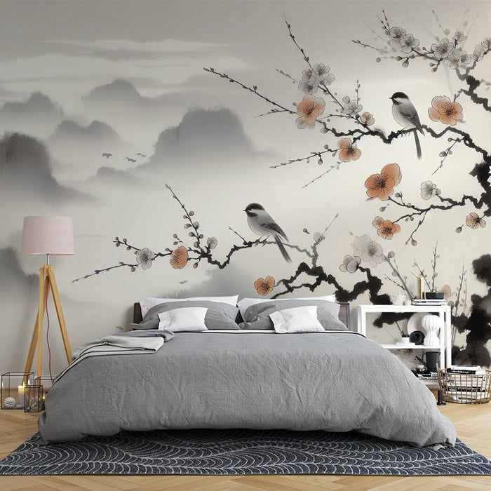 Japanese Cherry Blossom Mural Wallpaper | With Texture and Birds