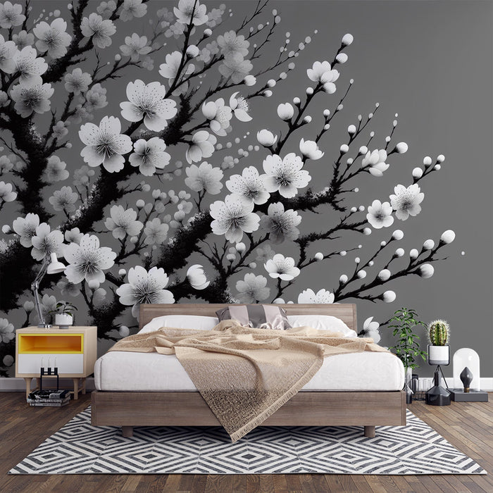 Papel pintado de mural de flores de cerezo japonés en blanco y negro | Flores abiertas y cerradas