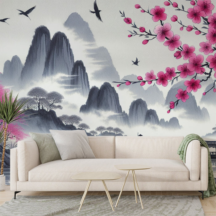 Papel pintado Zen japonés de cerezo rosa | Pájaros, lago tranquilo y terreno montañoso