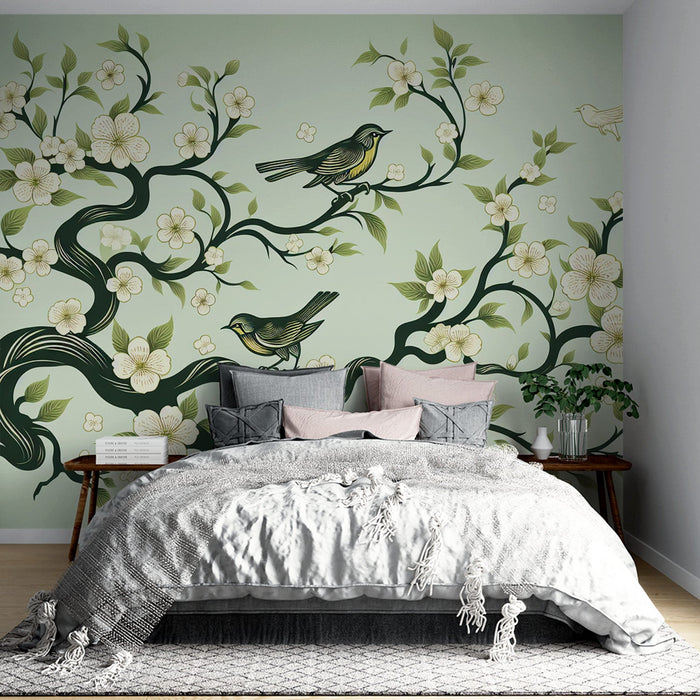 Papel pintado de cerezo japonés verde | Rama de cerezo verde y pájaros de tonos verdes