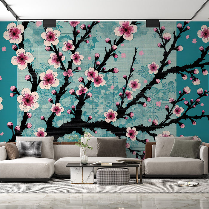 Papel de parede Mural Vintage de Flor de Cerejeira Japonesa | Fundo Azul Antigo e Flores Rosas