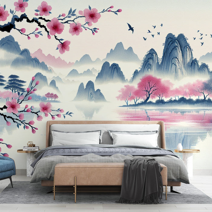 Japanese Zen Cherry Blossom Mural Wallpaper | Tranquil Lake and Mountain Landscape
