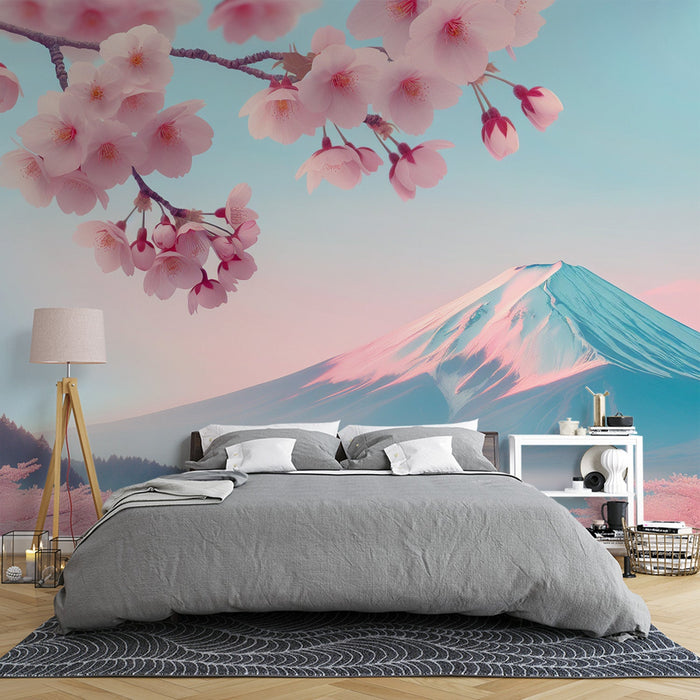 Zen Japanese Cherry Blossom Mural Wallpaper | Mount Fuji and Pink Cherry Blossom Valley
