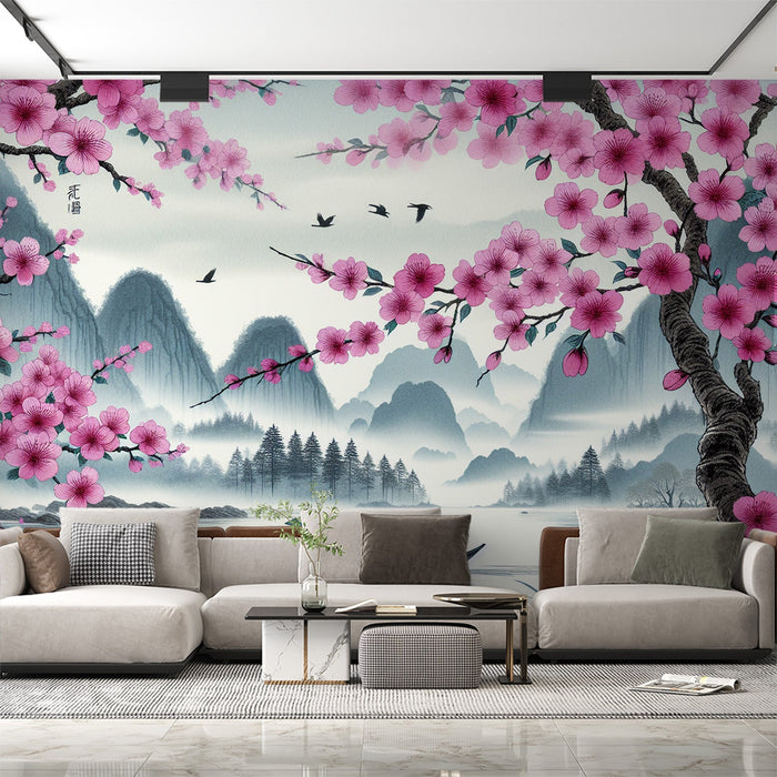 Papel pintado Mural Zen japonés con cerezo en flor | Canoa en lago tranquilo y terreno montañoso