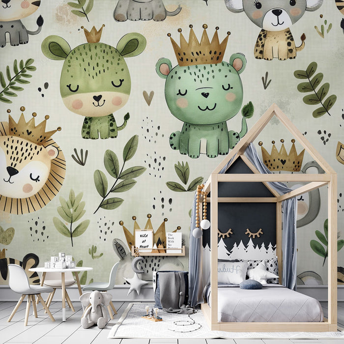 Papel de parede para quarto de bebê | Animais da savana com coroas e folhagens