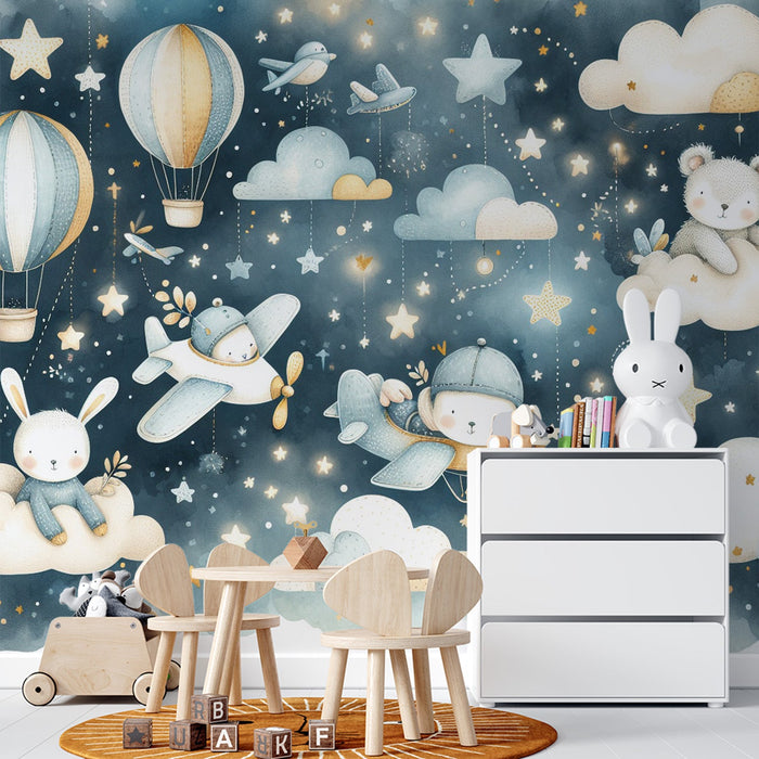 Baby room Mural Wallpaper | Midnight blue watercolor with bear in airplane