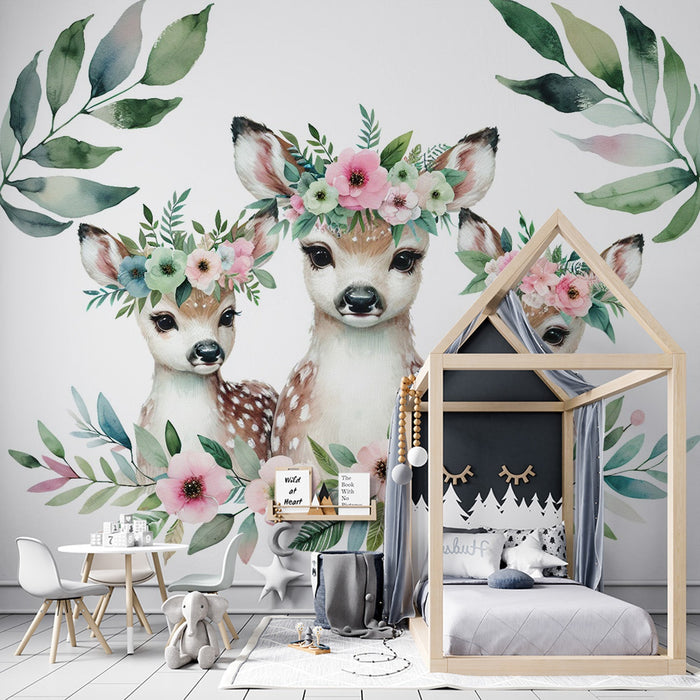 Baby's room Mural Wallpaper | Crowned deer with multicolored flowers